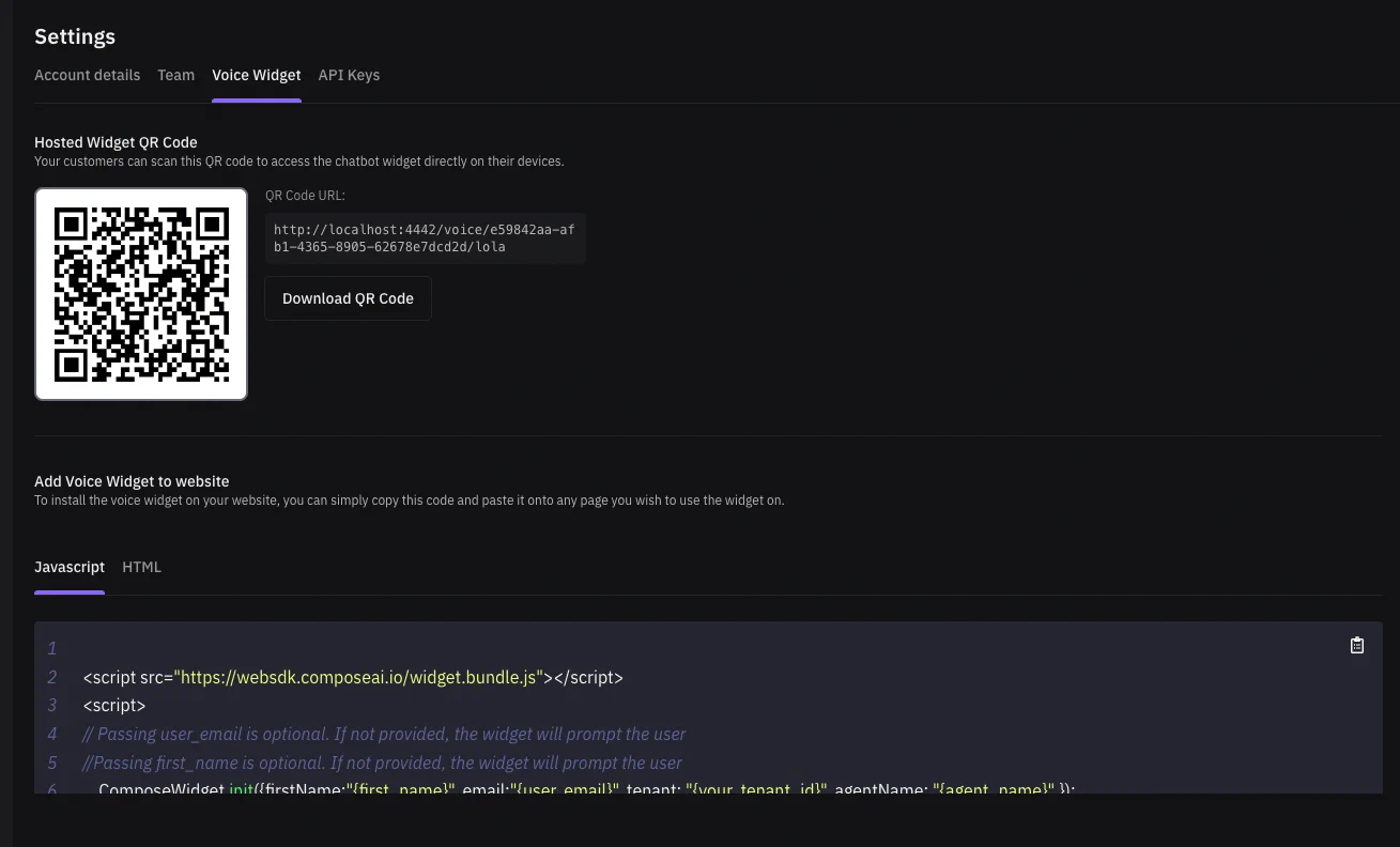 Hosted Voice Widget Settings