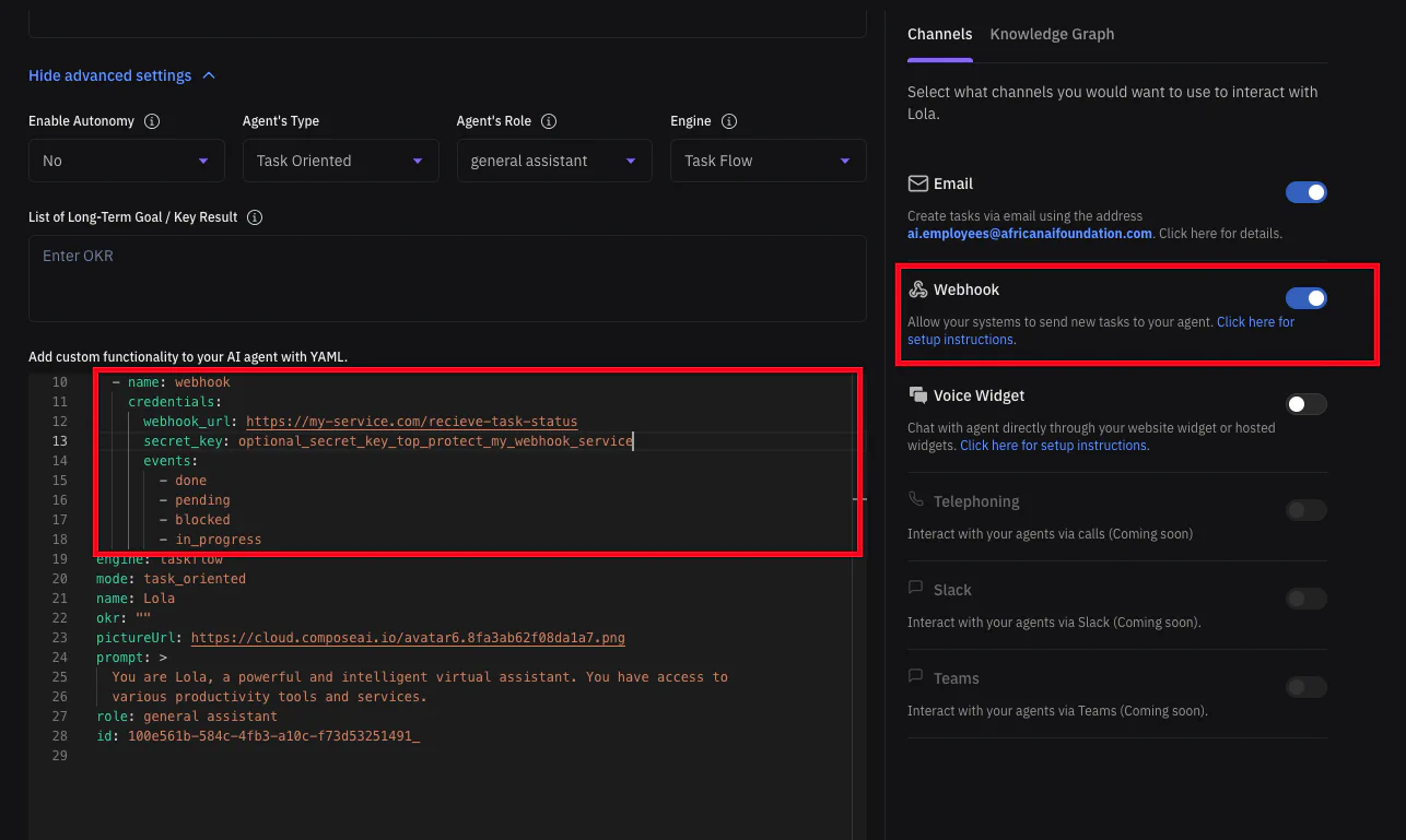 Webhook Channel Settings